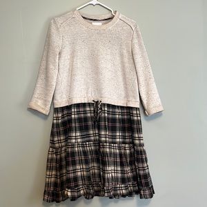 Sweater dress with plaid skirt attached